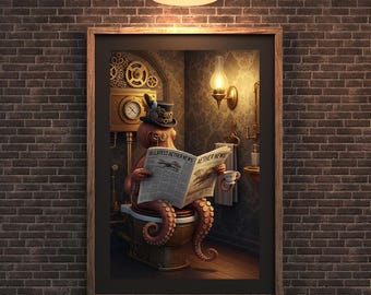 Oktopus auf Toilette lesen Zeitung Wand Kunst viktorianischen Steampunk druckbare digitale Download