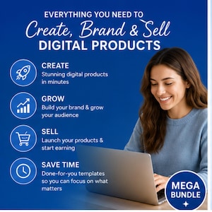 May include: A woman using a laptop with text overlay: "Everything You Need To Create, Brand & Sell Digital Products." The image highlights steps: Create, Grow, Sell, and Save Time, with corresponding icons. A "Mega Bundle" logo is visible in the bottom right corner.