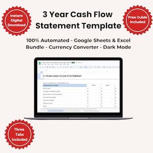 3 Year Cash Flow Template | Excel, Google Sheets, Dark Mode (Digital Download)