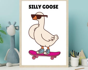 Ganso engraçado em um skate - Arte de parede divertida com animais - Ganso estiloso de óculos escuros - Decoração para quarto infantil - Download digital instantâneo