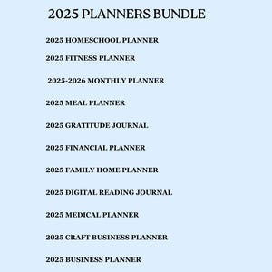 May include: A light blue graphic with text that reads "Thank you for your Purchase!" and "200+ CANVA TEMPLATES - Part 3". It lists various 2025 planner types, such as homeschool, fitness, and meal planners.