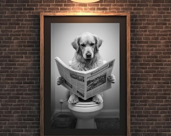 Download digital de jornal com estampa de Golden Retriever no banheiro, cachorro no vaso sanitário.