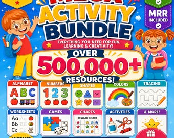 May include: A digital graphic titled Mega Activity Bundle featuring over 500,000 resources. The design includes cartoon children, colorful icons for alphabet, numbers, shapes, colors, tracing, worksheets, games, charts, and activities on a blue background.