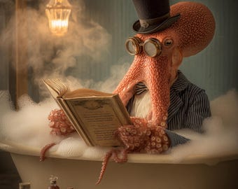 Polvo Steampunk em Banheira Vitoriana Lendo Jornal - Arte de Parede - Ilustração Vintage Caprichosa - Download Digital Instantâneo