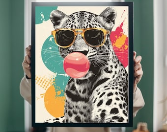 Leopardo soprando chiclete - Arte Pop Art Animal - Impressão moderna e colorida para download digital instantâneo