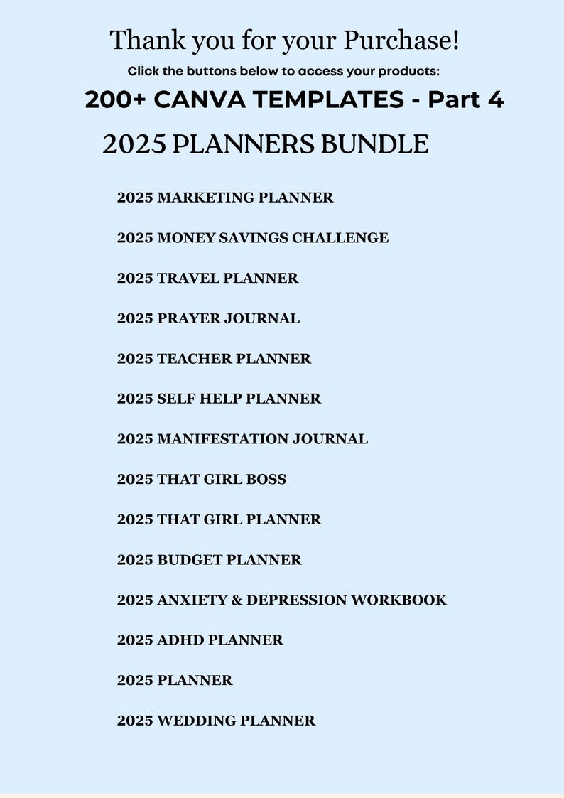 May include: A light blue graphic with the text "Thank you for your Purchase!" and a list of 2025 planner templates, including marketing, travel, and wedding planners. The image also includes the text "200+ CANVA TEMPLATES - Part 4".
