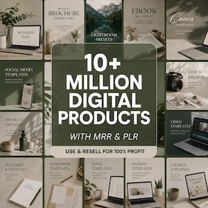 May include: A promotional image showcasing digital product templates. The image features various mockups of laptops, phones, and printed materials. Text includes "10+ Million Digital Products" and "Use & Resell for 100% Profit". Categories include business plans, social media templates, and more.