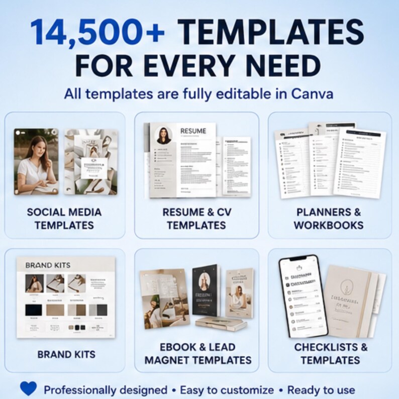 May include: A graphic with the text "14,500+ TEMPLATES FOR EVERY NEED" and "All templates are fully editable in Canva." The image shows examples of social media, resume, planner, brand kit, ebook, and checklist templates.