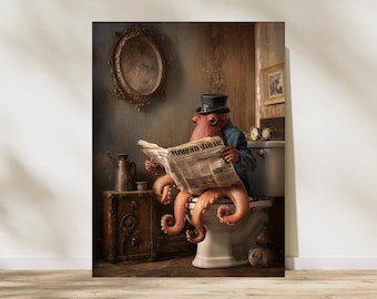 Polvo Steampunk em um Vaso Sanitário Estilo Vitoriano Lendo um Jornal - Arte de Parede Divertida - Download Digital Instantâneo