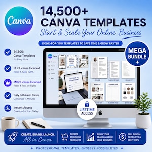 May include: A promotional graphic for Canva templates, showcasing a computer screen with various design templates. The image highlights "14,500+ Canva Templates" and the text "Start & Scale Your Online Business." Additional text includes "Lifetime Access."