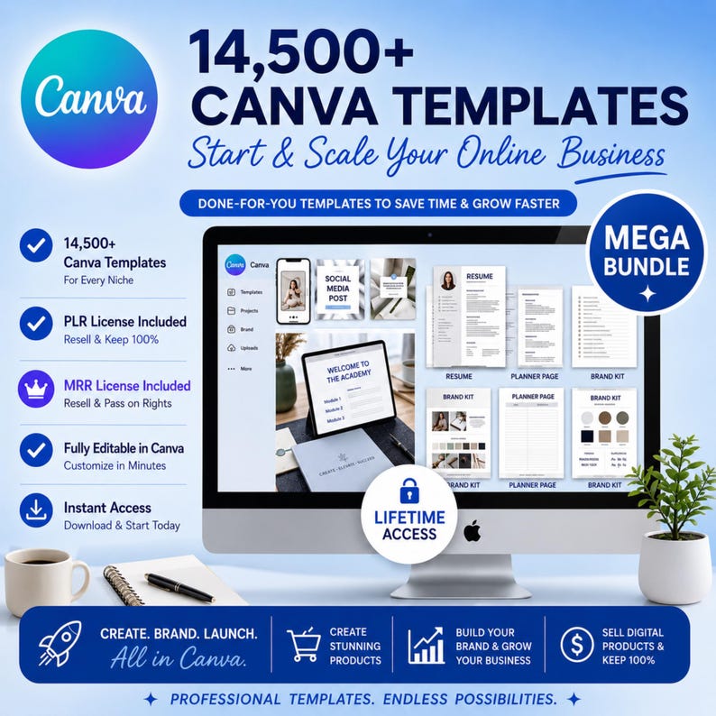 May include: A promotional graphic for Canva templates, showcasing a computer screen with various design templates. The image highlights "14,500+ Canva Templates" and the text "Start & Scale Your Online Business." Additional text includes "Lifetime Access."