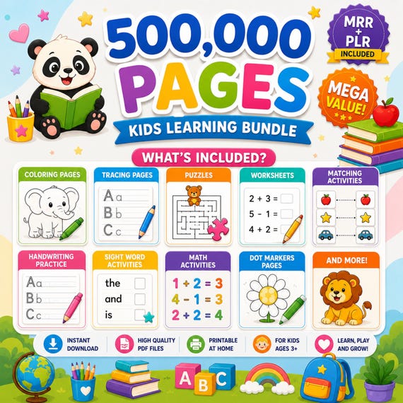 Kids Learning Bundle | Alphabet Tracing, Sight Words, Coloring Pages (Digital Download)