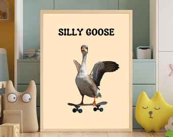 Ganso bobo em um skate com boné de beisebol virado para trás - Arte de parede engraçada com animais para decoração de quarto infantil - Download digital instantâneo