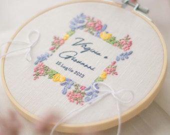 Personalized wedding ring holder Personalized wedding gift Embroidered wedding ring holder Personalized gift for the newlyweds Pink flowers and lemons wedding ring holder