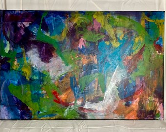 May include: Abstract painting with a mix of colors including green, blue, purple, white, and brown. The painting has a textured look and appears to be done with acrylic paint on canvas.
