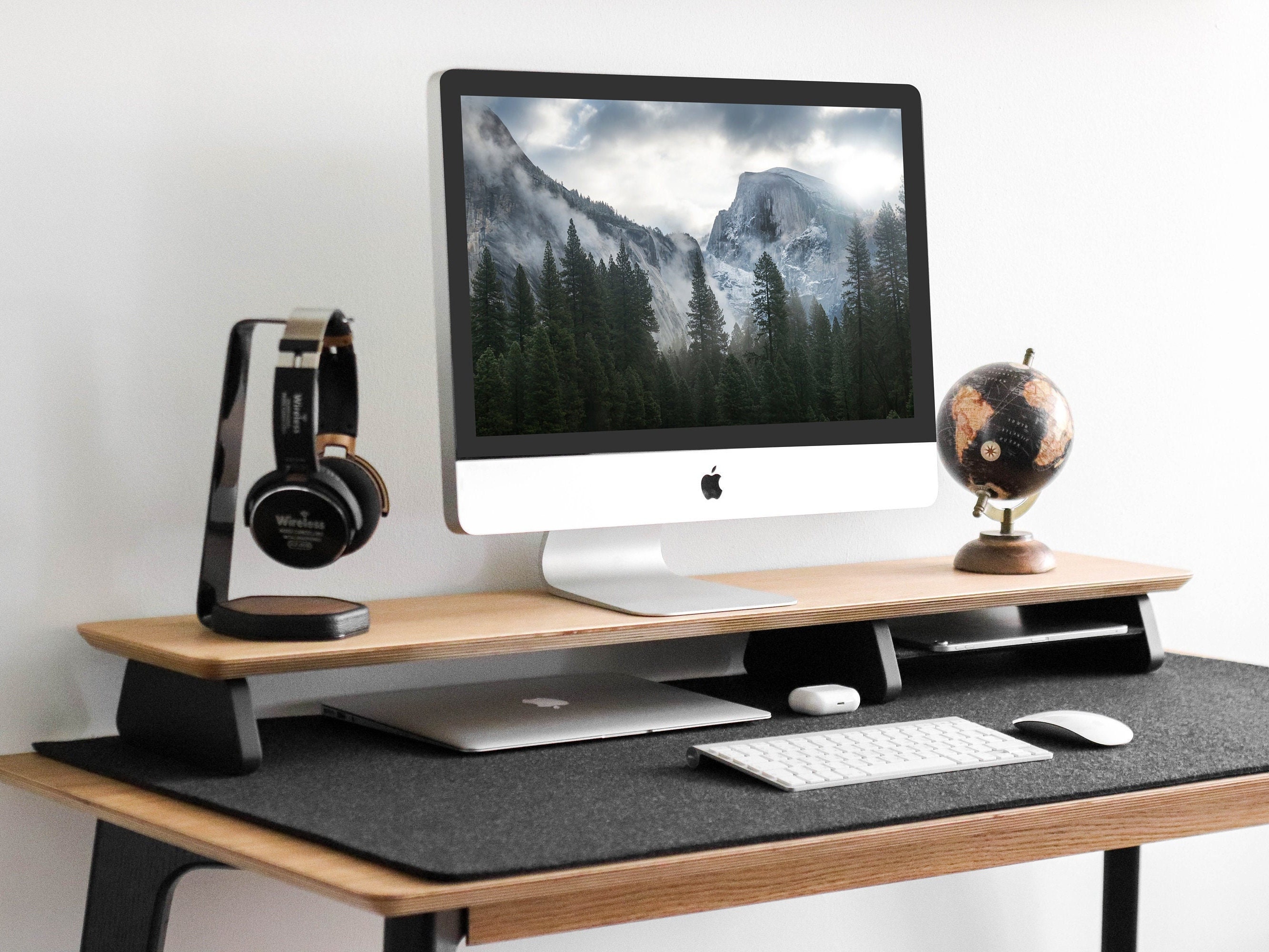 Desk Shelf & Wooden Dual Monitor Stand System