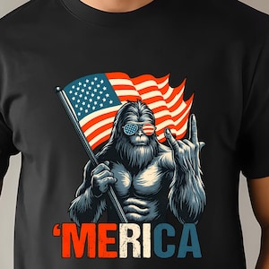おもしろい独立記念日Tシャツ、ビッグフット・アメリカTシャツ、愛国心あふれるTシャツ、アメリカンサスカッチTシャツ、独立記念Tシャツ、プレミアムTシャツ、送料無料