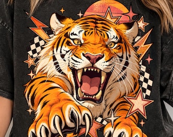 Retro Roaring Tiger PNG, Vintage Big Cat Graphic, Sublimation Design (Digital Download)