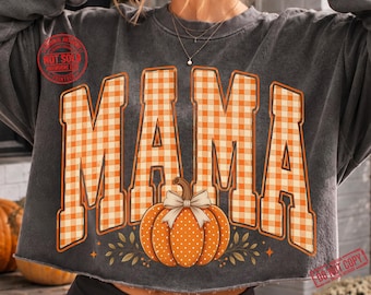 Retro Mama Pumpkin PNG, Vintage Fall Mama Shirt, Trendy Gingham Pumpkin Design (Digital Download)