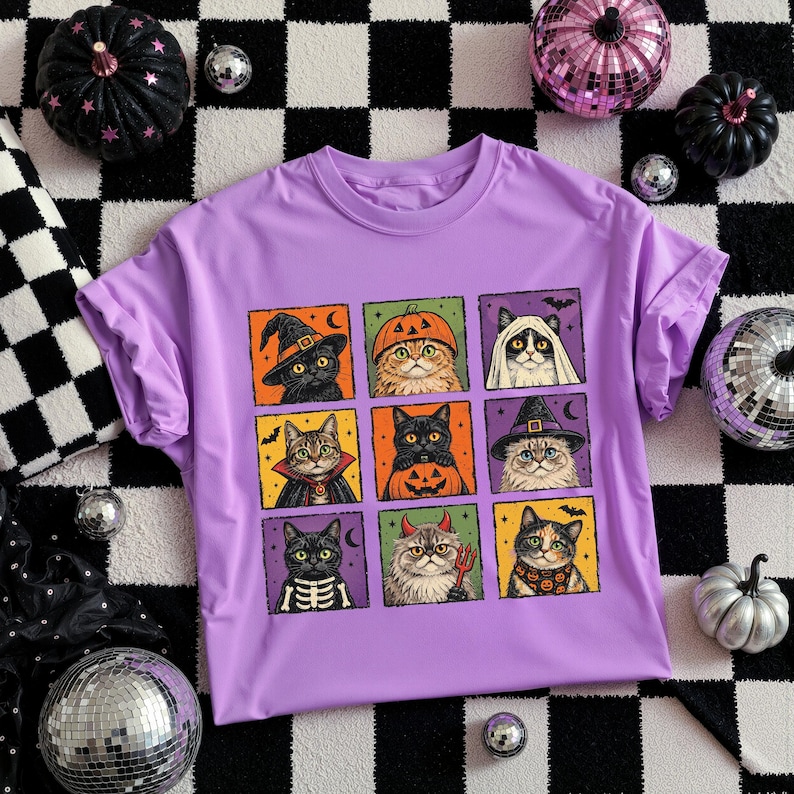 K&ouml;nnte beinhalten: Ein hellviolettes T-Shirt mit einem Raster aus neun illustrierten Katzen in verschiedenen Halloween-Kost&uuml;men, darunter eine Hexe, ein K&uuml;rbis, ein Geist, ein Vampir, ein Skelett, ein Teufel sowie Katzen mit festlichen Schals und H&uuml;ten auf bunten Feldern.