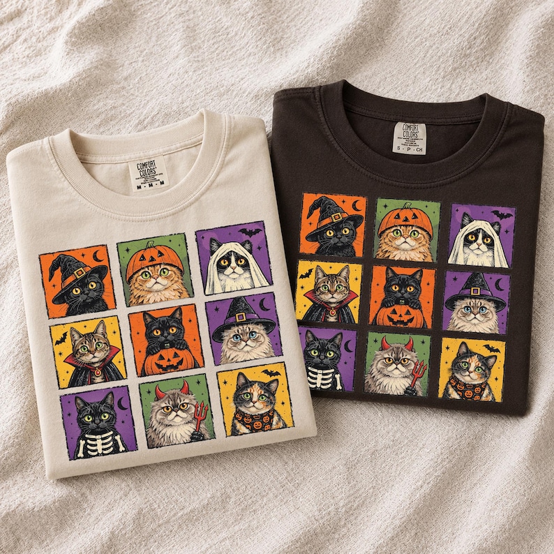 K&ouml;nnte beinhalten: Zwei T-Shirts mit Rundhalsausschnitt, eines in Creme und eines in Dunkelbraun, mit einem Raster aus neun illustrierten Katzen in verschiedenen Kost&uuml;men wie Hexen, K&uuml;rbissen, Geistern und Skeletten. Die Innenetiketten zeigen den Markennamen Comfort Colors.