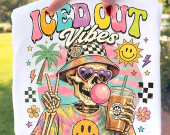 Summerween Skeleton PNG, Iced Coffee Skeleton PNG, Halloween PNG, Retro Skull Shirt Design, Spooky Season Graphic