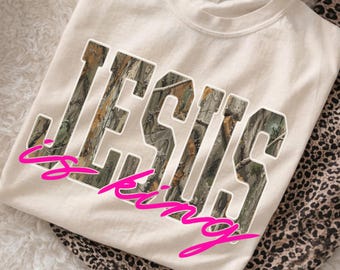 Jesus Is King Retro Camo PNG, Trendy Fall Christian Faith Shirt Design (Digital Download)