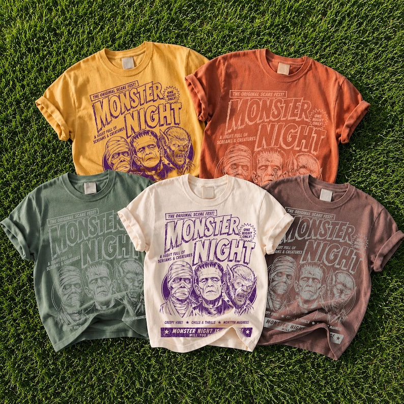May include: Four short-sleeve t-shirts in yellow, orange, green, and cream, each featuring a graphic print with the text "MONSTER NIGHT" and illustrations of a mummy, Frankenstein's monster, and a werewolf, styled like a vintage horror movie poster.
