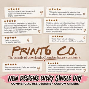 K&ouml;nnte beinhalten: Eine Werbegrafik f&uuml;r Print6 Co. mit acht F&uuml;nf-Sterne-Kundenbewertungen in wei&szlig;en Sprechblasen mit braunen Herzsymbolen. Der Text lautet: Print6 Co. Thousands of downloads. Countless happy customers. New designs every single day.
