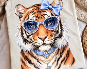 Glam Tiger Mascot PNG Blue Edition, Preppy Coquette Bow Print Shirt Design (Digital Download)
