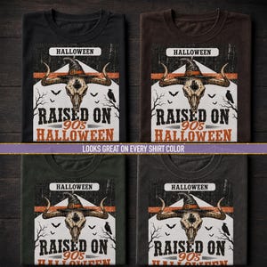 May include: Four t-shirts in black, brown, dark green, and charcoal gray, each featuring a graphic of a bull skull wearing a witch hat. The design includes the text HALLOWEEN, RAISED ON 90s HALLOWEEN, silhouettes of bats, and bare tree branches.