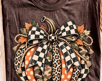 Camo Pumpkin PNG, Rustic Fall Pumpkin Bow, Buffalo Plaid Leopard Sublimation Design (Digital Download)