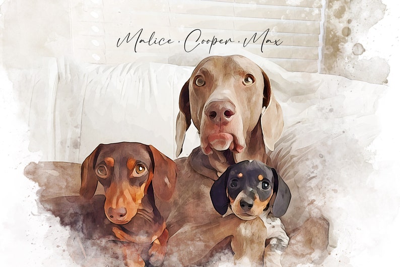 Multiple Pet Portrait Custom Dog Painting Watercolor, Multiple Dog Portrait Print, Multi Pet Portrait, Pet Memorial Gift, Christmas Gift image 3