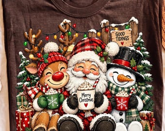 Retro Christmas PNG, Santa Reindeer Snowman, Hand-Painted Holiday Design (Digital Download)