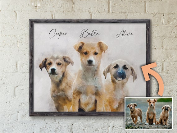 Multiple Pet Portrait Custom Dog Painting Watercolor, Multiple Dog Portrait Print, Multi Pet Portrait, Pet Memorial Gift, Christmas Gift