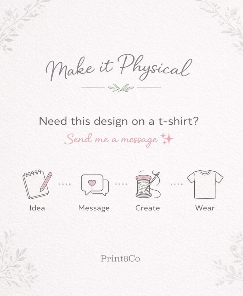 May include: A light-colored graphic with the text "Make it Physical" and the question "Need this design on a t-shirt?" followed by "Send me a message." Below are illustrations of an idea, message, create, and wear.