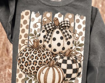 Fall Pumpkin PNG, Neutral Preppy Autumn Clipart, Checkered Polka Dot Leopard, Thanksgiving Sublimation Design