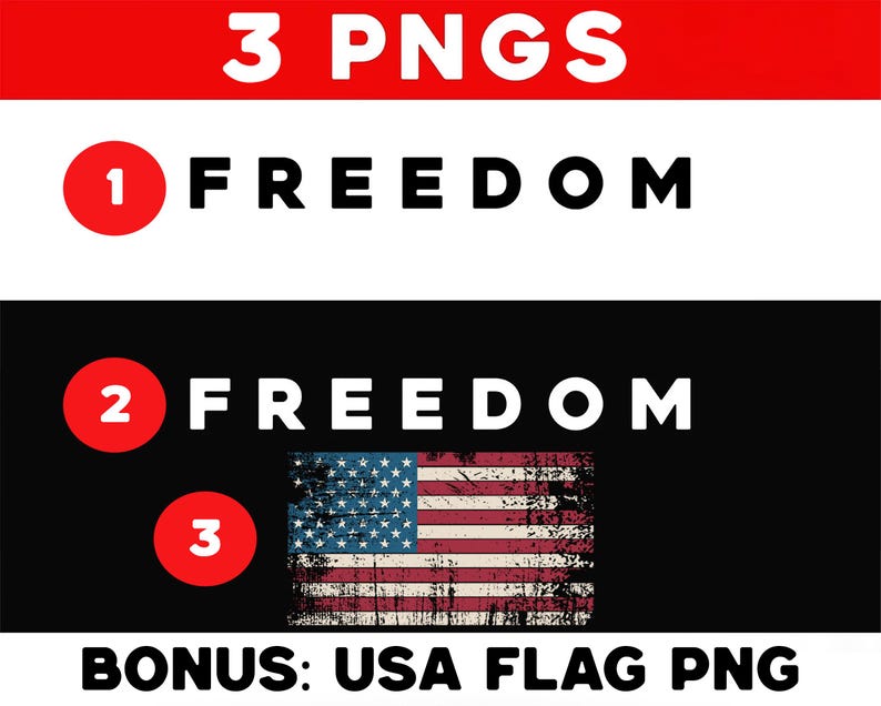 K&ouml;nnte beinhalten: Grafik mit den Worten "FREEDOM" und "USA FLAG PNG" in wei&szlig;em Text auf schwarzem und wei&szlig;em Hintergrund. Das Bild enth&auml;lt eine abgenutzte amerikanische Flagge und den Text "3 PNGS".