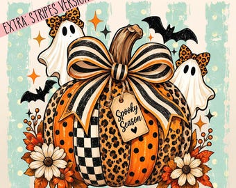 Preppy Halloween Pumpkin PNG, Polka Dot, Ghost, Bow, Leopard Print (Digital Download)