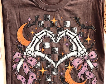 Distressed Checkered Halloween PNG, Skeleton Heart Hands, Gothic Spooky Design (Digital Download)