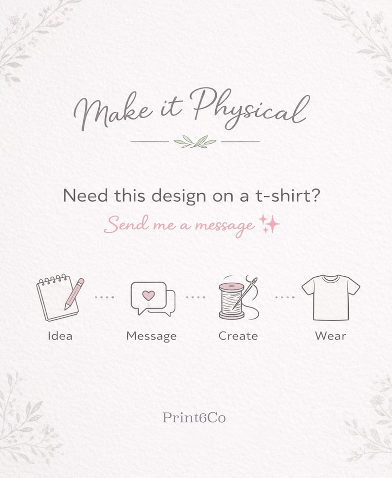 May include: A light-coloured graphic with the text "Make it Physical" and the question "Need this design on a t-shirt?" followed by "Send me a message". Below are illustrations of an idea, message, create, and wear.