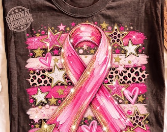 Pink Ribbon Breast Cancer Awareness PNG, Glitter Leopard Print Design (Digital Download)