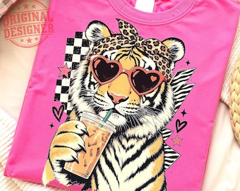 Retro Tiger Mascot PNG, Vintage Big Cat Sublimation Design, Iced Latte Coffee PNG