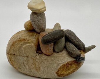 Resting on a Rock; Rock Art Figurine, Pebble Art Figurine, Rock Sculpture, Natural Gift, Husband Gift, Friend Gift