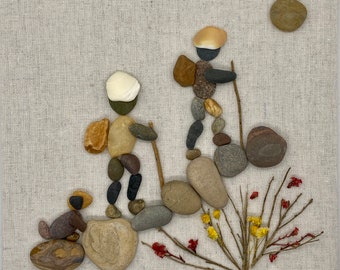 Two Hikers and a dog pebble Art