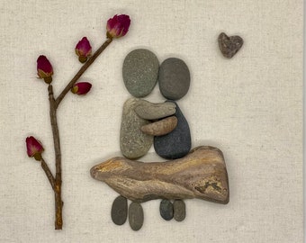 Couple Pebble Art, couple anniversary, friends pebble Art, Couple on a Bench Pebble Art, Family Rock Art, Valentine Pebble Art Gift.