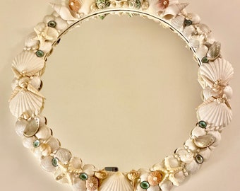 Seashell Mirror Beach Decor, Decorated Round Wall Mirror, Round Seashell Mirror.