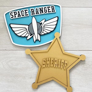 Wooden Toy Story / Buzz Lightyear Inspired Space Ranger Plaque / Sheriff Woody Badge •  Boys / Girls Bedroom Decor
