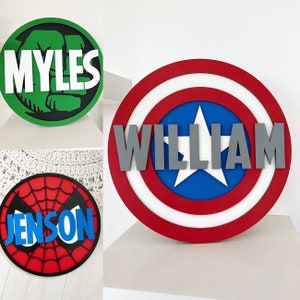 Wooden Personalised Captain America Shield / Spider-Man / Hulk Name Plaque / Sign • Boys / Girls superhero Bedroom Decor / Accessories