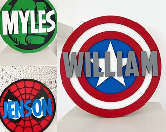 Wooden Personalised Captain America Shield / Spider-Man / Hulk Name Plaque / Sign • Boys / Girls superhero Bedroom Decor / Accessories